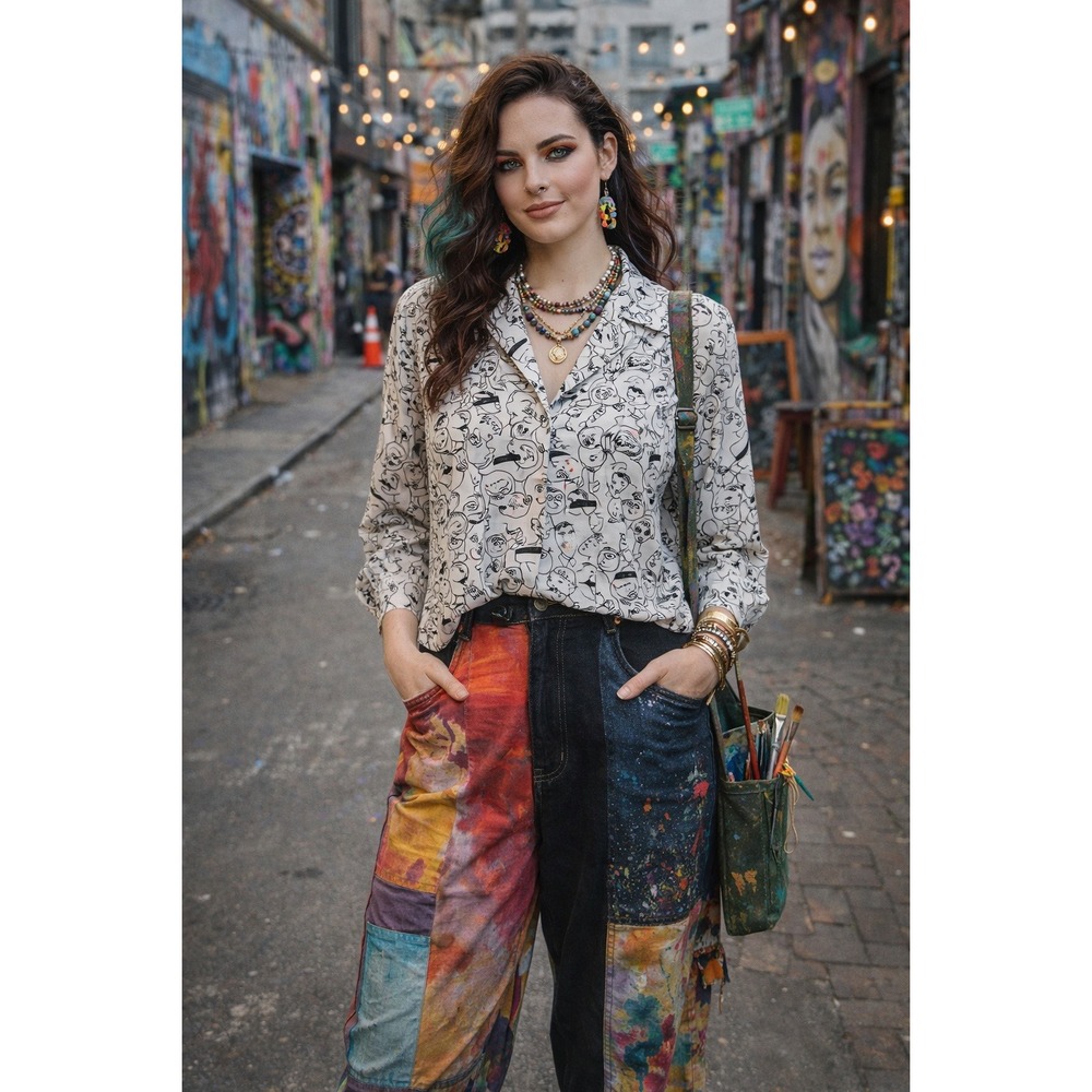 Faces Black White Cartoon Drawings Le Caviar‎ M Crop Blouse Button Front Collar